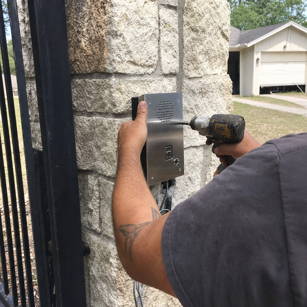 Gate access control installation on stone pillar with drill in Lackland Air Force Base, TX
