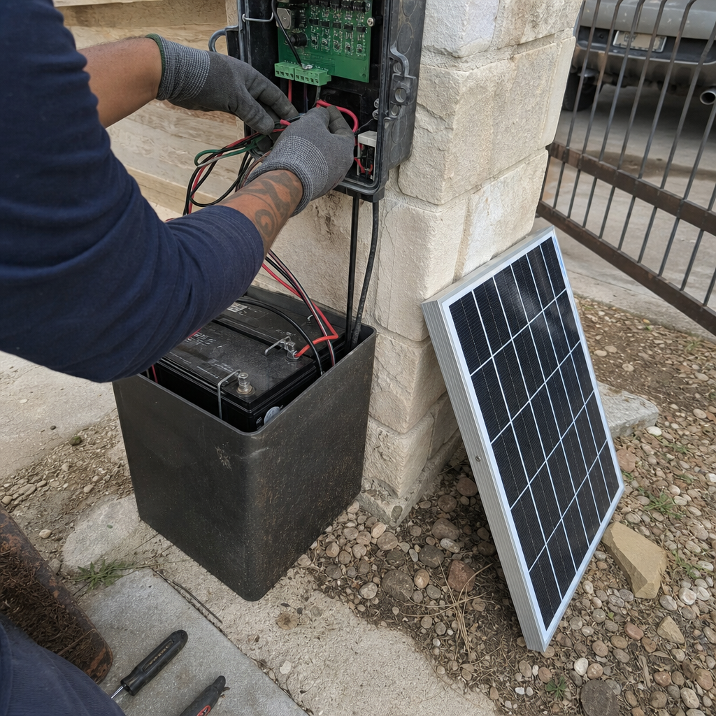 Gate access control installation with battery and solar panel in Von Ormy, TX