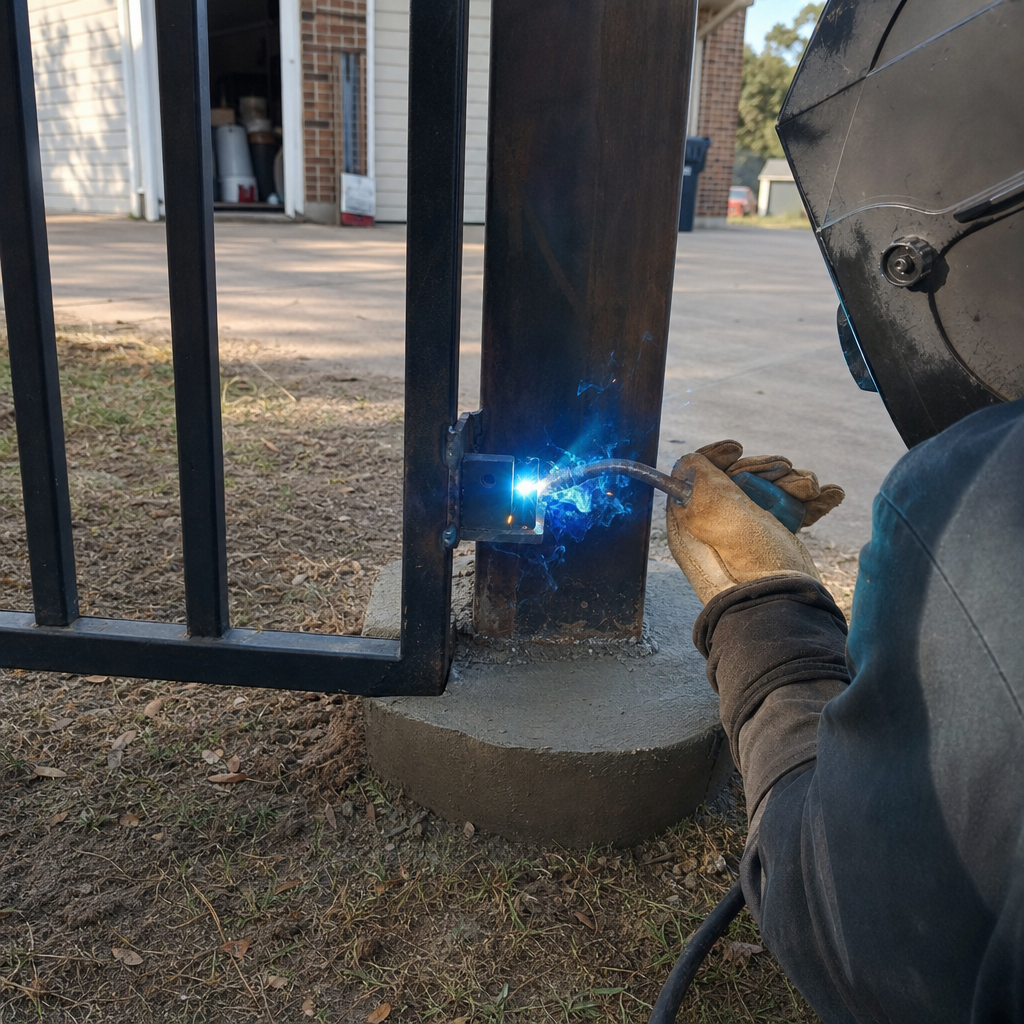 Welder installing a metal gate, sparks from torch on gate repair
