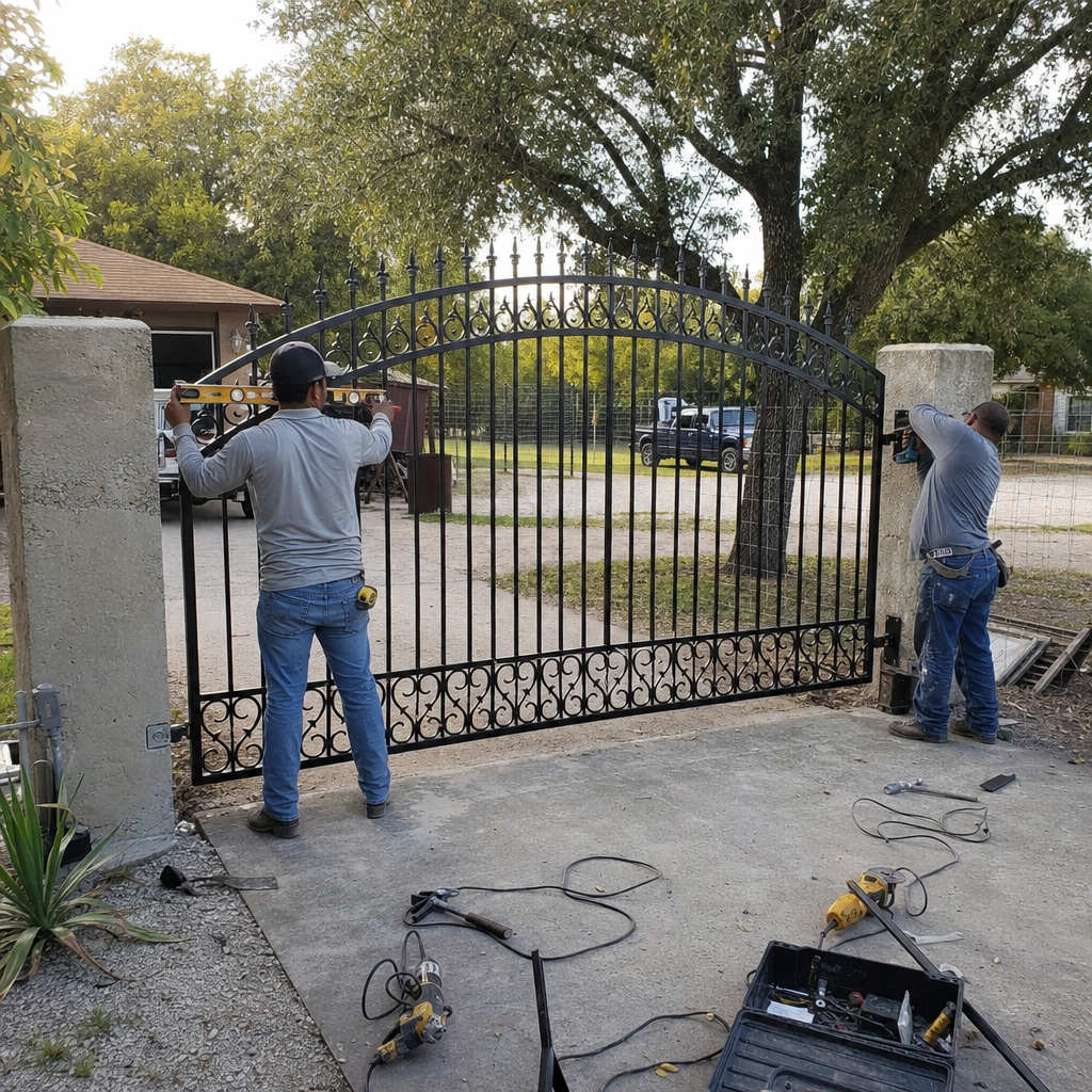 Technicians installing a black metal driveway gate in Lackland Air Force Base, TX