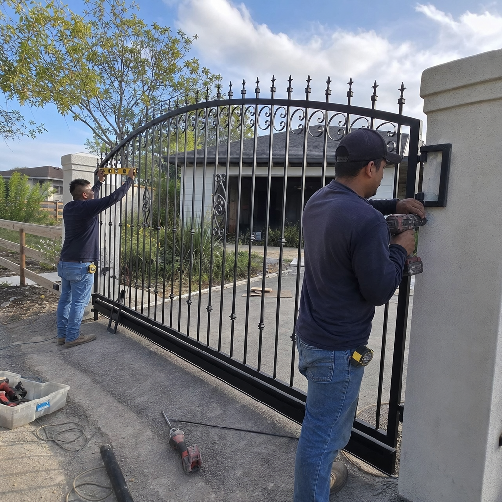 Gate installation in progress with two workers.
