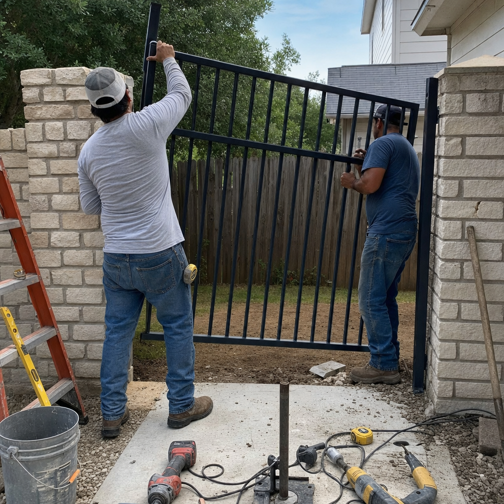 Workers install a black metal gate between stone pillars in Von Ormy, TX
