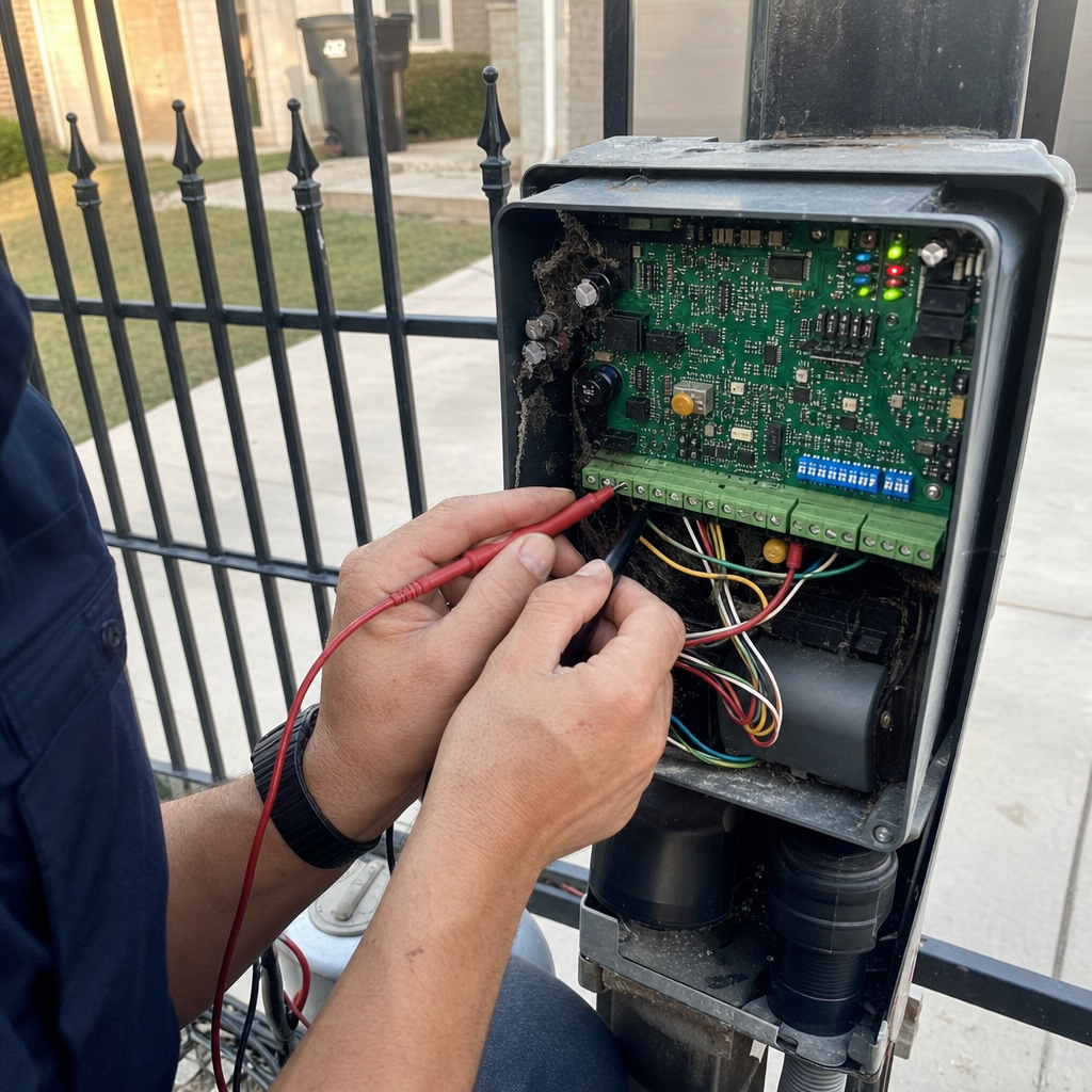 Technician testing gate motor and opener with multimeter in Von Ormy, TX