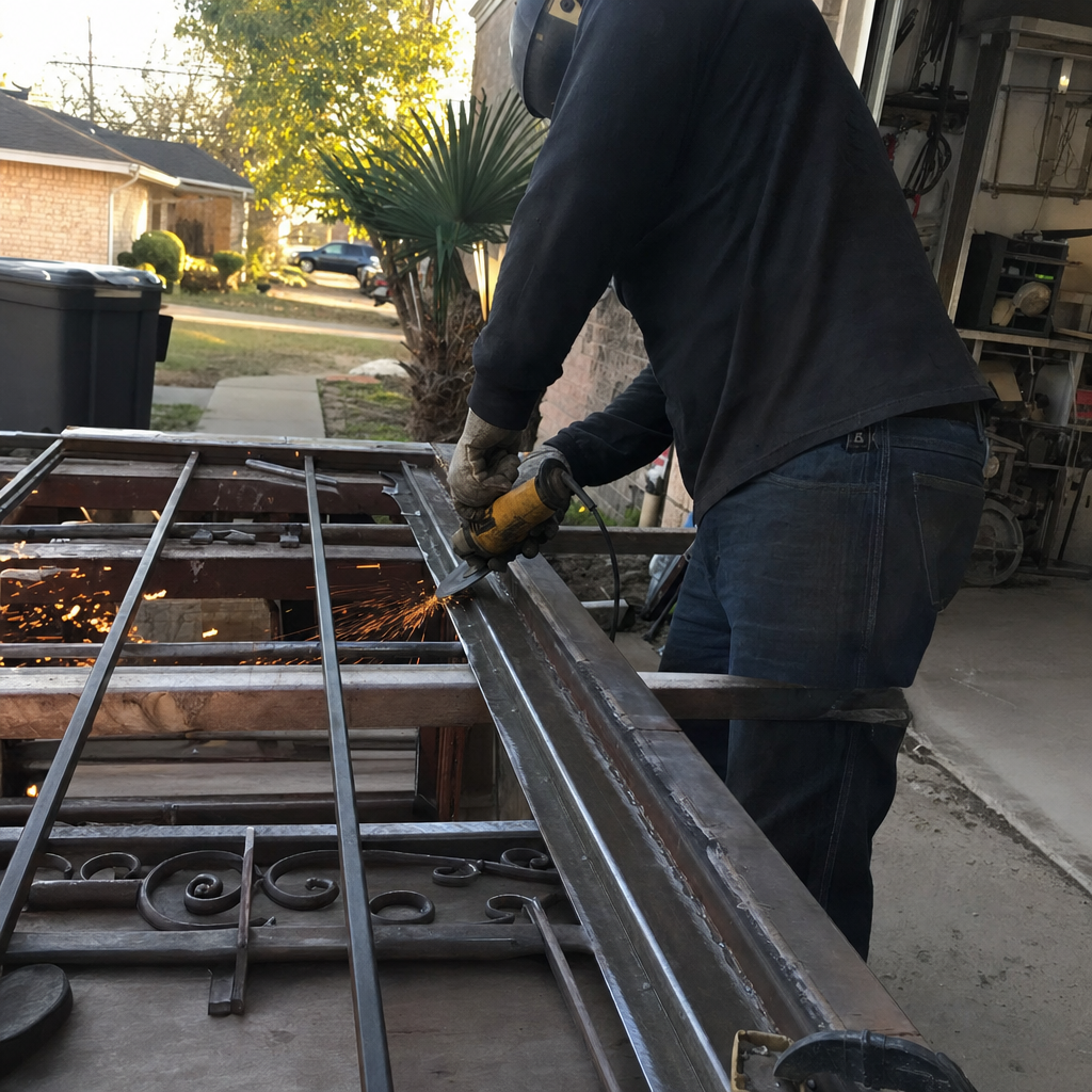 Metalworker cutting gate parts with angle grinder, sparks flying in Von Ormy, TX