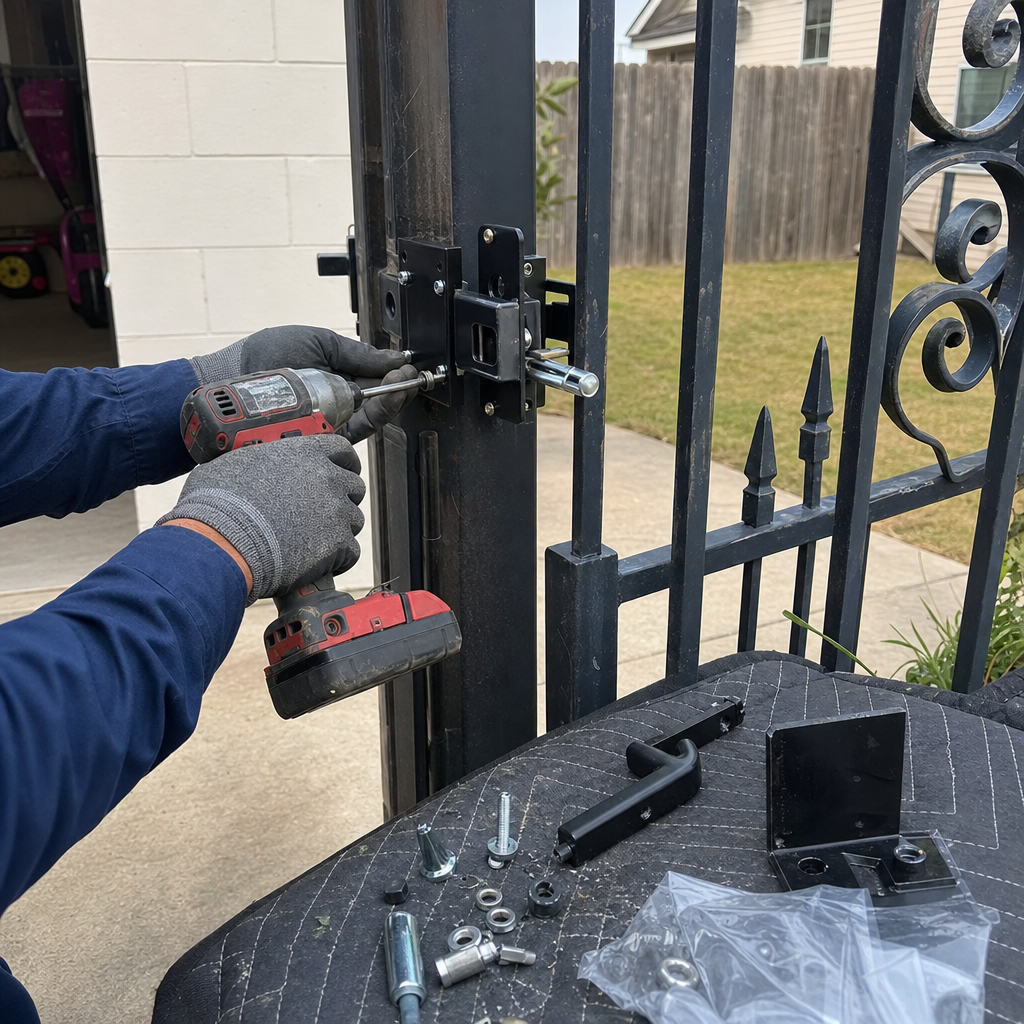 Gate repair: installing a new latch with a power drill in Lackland Air Force Base, TX