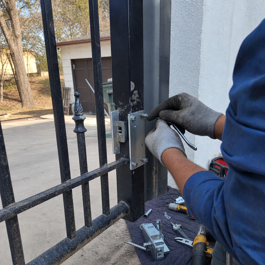Gate repair technician installing or fixing gate lock mechanism with tools in Von Ormy, TX