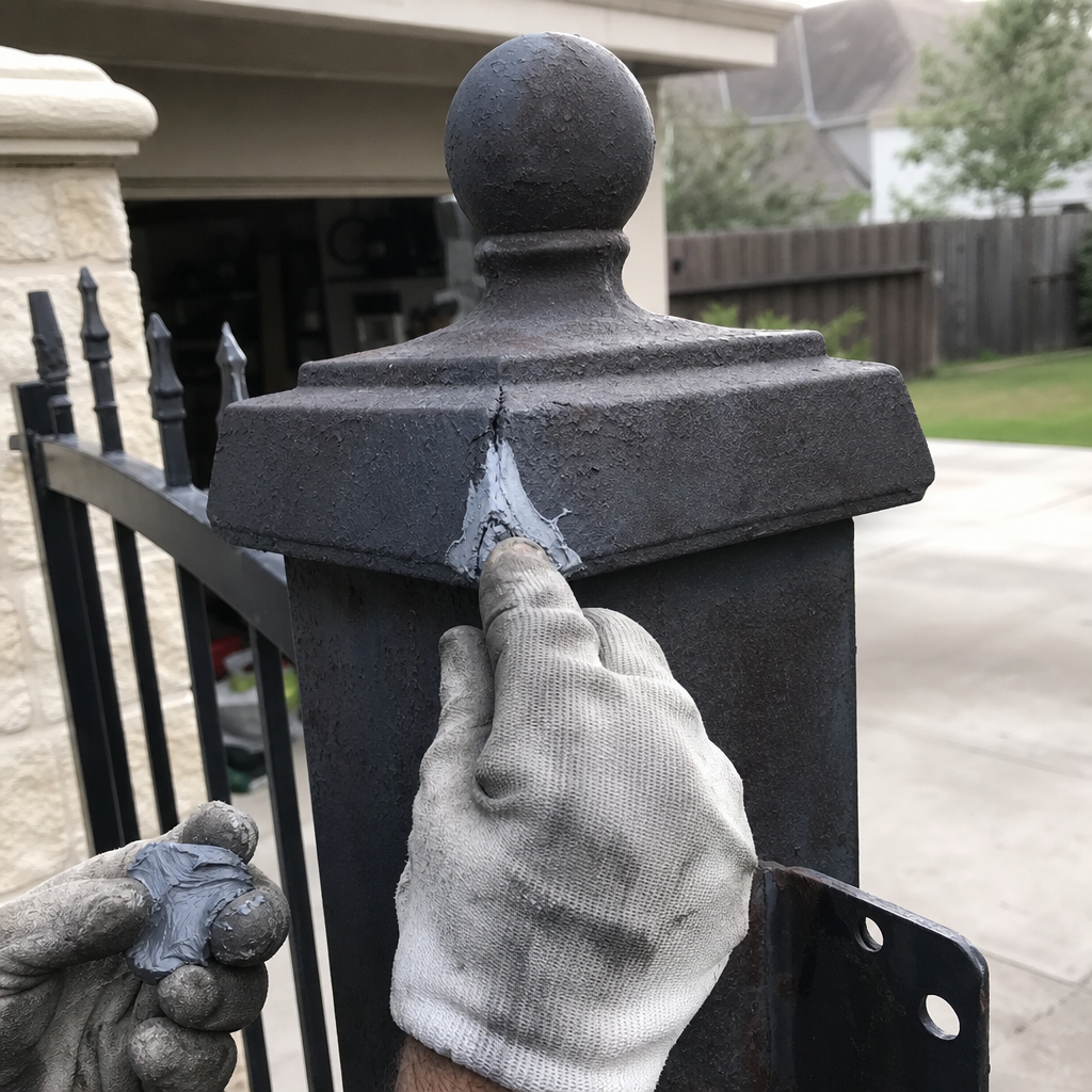 Gate repair of metal post with putty in Von Ormy, TX